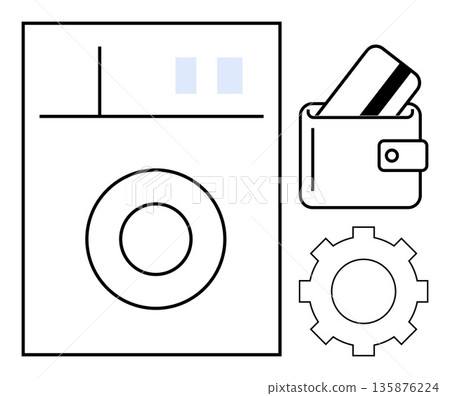 Digital payments, financial tech, online transactions, fintech services, wallet features, system settings. Minimalist design showing a wallet with a credit card, digital interface, and cogwheel Digital payments, financial tech, online transactions, fintech services, wallet features, system settings. Minimalist design showing a wallet with a credit card, digital interface, and cogwheel 135876224