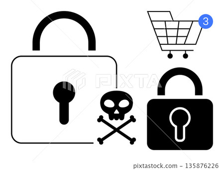 Online security, identity theft, e-commerce safety, cybersecurity, fraud prevention, digital transactions. Two lock icons, skull symbol shopping cart with notification. Online security and identity 135876226