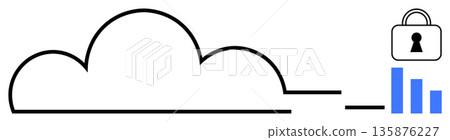 Cloud storage, data privacy, online protection, cybersecurity, encrypted information, analytics. Outline of a cloud connected to a lock and bar graph. Cloud storage and data privacy concept 135876227