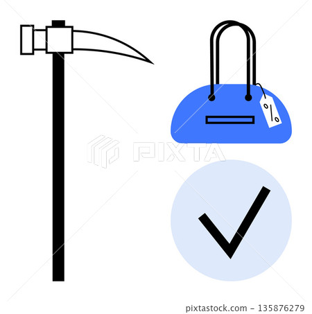 Mining, e-commerce, fashion, online shopping, digital approval, technology. A pickaxe, a blue bag with a tag and a checkmark in a blue circle. Mining and e-commerce concept Mining, e-commerce, fashion, online shopping, digital approval, technology. A pickaxe, a blue bag with a tag and a checkmark in a blue circle. Mining and e-commerce concept 135876279
