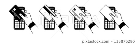 Black and white contactless card payment with hand, bank card and payment terminal without background Black and white contactless card payment with hand, bank card and payment terminal without background 135876290