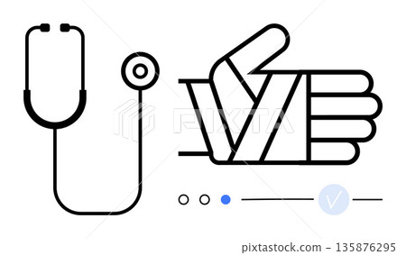Healthcare, injury recovery, medical services, diagnostics, health monitoring, patient care. Stethoscope and bandaged hand icons with clean lines. Healthcare and injury recovery concept Healthcare, injury recovery, medical services, diagnostics, health monitoring, patient care. Stethoscope and bandaged hand icons with clean lines. Healthcare and injury recovery concept 135876295