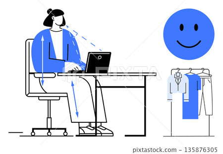 Remote work, productivity, online shopping, mental well-being, work-life balance, focus. Person using a laptop at a desk next to clothing and a smiling face. Remote work and productivity concept Remote work, productivity, online shopping, mental well-being, work-life balance, focus. Person using a laptop at a desk next to clothing and a smiling face. Remote work and productivity concept 135876305