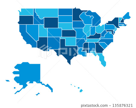 Blue simplified map of USA, United States of America. Retro style. Geometrical shapes of states with sharp borders. Simple flat blank vector map Blue simplified map of USA, United States of America. Retro style. Geometrical shapes of states with sharp borders. Simple flat blank vector map 135876321