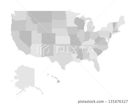 This pixel map outlines the geographical boundaries of the United States, clearly identifying individual states in a grayscale format for easy visualization and reference. 135876327