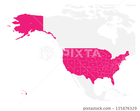 This map displays the United States and highlights all states, including Alaska to the north and Hawaii to the southwest. The design uses a simple vector style with pink highlighted area of USA This map displays the United States and highlights all states, including Alaska to the north and Hawaii to the southwest. The design uses a simple vector style with pink highlighted area of USA 135876329