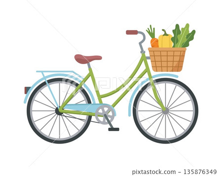 City bicycle with basket full of fresh vegetables. Eco friendly transport vector illustration City bicycle with basket full of fresh vegetables. Eco friendly transport vector illustration 135876349