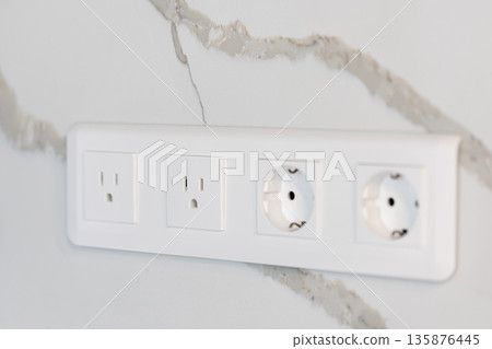 Universal power outlets. Modern interior. Marble wall design. 135876445