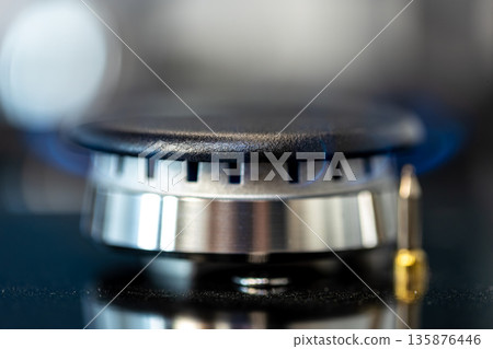 Active gas burner. Steel and flame. Close-up view. Active gas burner. Steel and flame. Close-up view. 135876446