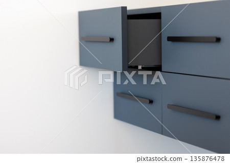 Clean space. Floating cabinet. Black pulls. Clean space. Floating cabinet. Black pulls. 135876478