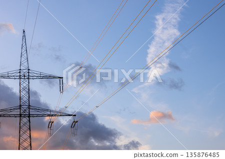 Close-up high voltage tower. Power lines. Industrial energy 135876485