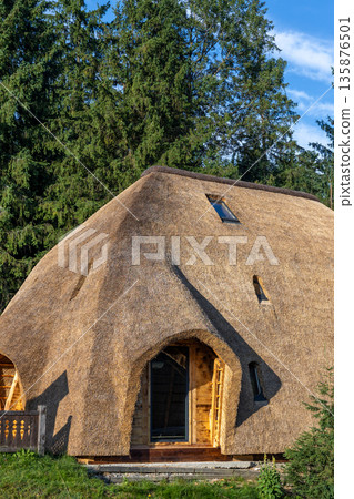 Eco house with straw roof in the forest. Modern lifestyle close to nature 135876501
