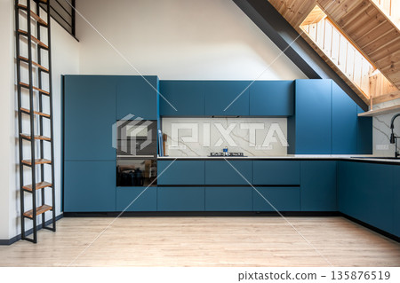Functional roof kitchen. Built-in appliances. Matte blue design. 135876519