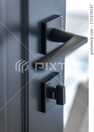 Interior thumbturn. Black hardware. Matte door. Interior thumbturn. Black hardware. Matte door. 135876547