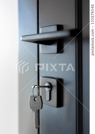 Key in lock. Black door handle. Matte metal. 135876548