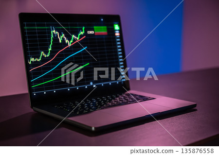 Laptop screen with trading grid and moving averages. Buy signal. 135876558