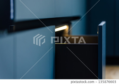 Open drawer. Linear perspective. Dark interior Open drawer. Linear perspective. Dark interior 135876603