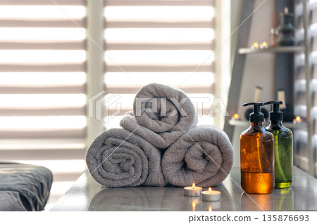Spa towels and glass dispensers. Relax and style 135876693