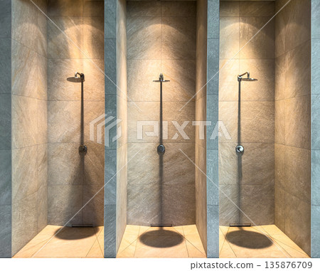 Three shower niches. Ambient light. Stone minimalism Three shower niches. Ambient light. Stone minimalism 135876709