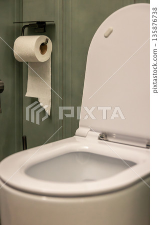 White toilet. Modern restroom. Minimalist bathroom 135876738