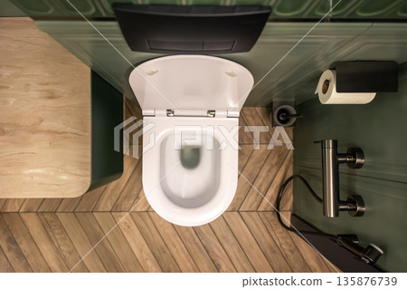 White toilet top view. Modern bathroom. Minimalist interior 135876739