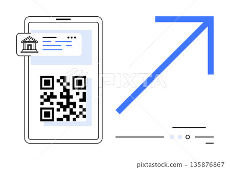 Digital banking, financial growth, mobile transactions, fintech innovation, payment processing, and QR code services. QR code displayed on smartphone with upward growth arrow. Digital banking Digital banking, financial growth, mobile transactions, fintech innovation, payment processing, and QR code services. QR code displayed on smartphone with upward growth arrow. Digital banking 135876867