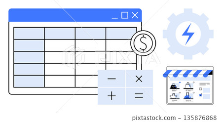E-commerce management, business analytics, online transactions, retail growth, budgeting, financial tracking. Spreadsheet, dollar symbol gear storefront calculator. E-commerce and business E-commerce management, business analytics, online transactions, retail growth, budgeting, financial tracking. Spreadsheet, dollar symbol gear storefront calculator. E-commerce and business 135876868