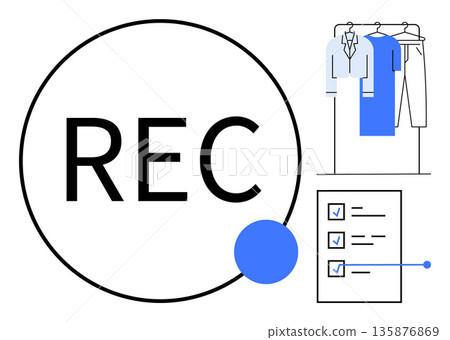 Sustainability, recycling, eco-friendly fashion, clothing reuse, environmental awareness, conscious consumerism. Symbol of REC with checklist and hanging clothes. Sustainability and recycling ideas Sustainability, recycling, eco-friendly fashion, clothing reuse, environmental awareness, conscious consumerism. Symbol of REC with checklist and hanging clothes. Sustainability and recycling ideas 135876869