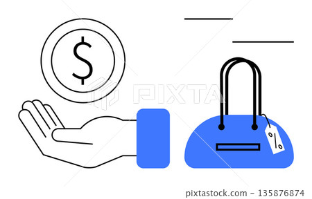 E-commerce, online shopping, financial transactions, consumer spending, budgeting, retail sales. A hand with a dollar coin and a handbag with price tag. E-commerce and online shopping concept E-commerce, online shopping, financial transactions, consumer spending, budgeting, retail sales. A hand with a dollar coin and a handbag with price tag. E-commerce and online shopping concept 135876874