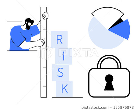 Risk management, data security, business analysis, decision-making, cybersecurity, corporate strategy. Person measuring stacked blocks labeled risk next to a pie chart and lock icon. Risk management 135876878