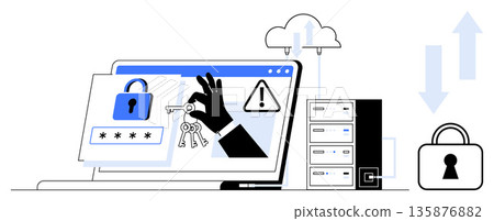 Cybersecurity, data privacy, digital encryption, cloud computing, identity protection, access control. Computer screen with lock, keys alerts server and cloud. Cybersecurity and data privacy 135876882