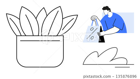 Sustainability, online shopping, eco-friendly choices, discounts, plants, consumer trends. Potted plant, shopper with discount sign. Sustainability and online shopping concepts Sustainability, online shopping, eco-friendly choices, discounts, plants, consumer trends. Potted plant, shopper with discount sign. Sustainability and online shopping concepts 135876896