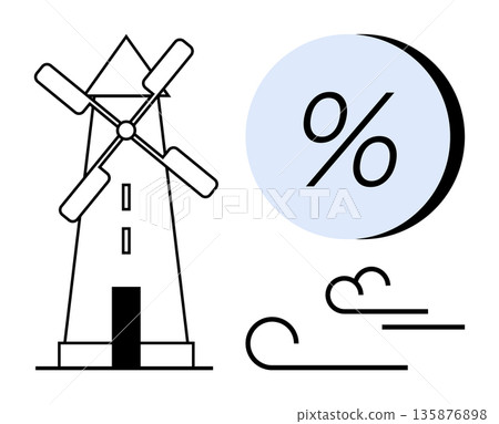 Renewable energy, economics, sustainability, percentage calculation, finance, natural resources. A windmill, percentage icon and breeze lines. Renewable energy and economics concept 135876898