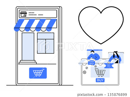 Online shopping, digital payments, e-commerce, mobile apps, cashback, customer engagement. Mobile store illustration with shopping cart, heart icon and online interface. Online shopping Online shopping, digital payments, e-commerce, mobile apps, cashback, customer engagement. Mobile store illustration with shopping cart, heart icon and online interface. Online shopping 135876899