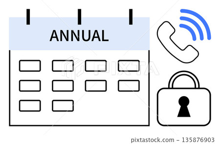 Scheduling, planning events, secure communication, phone alerts, privacy, protection. A calendar labeled annual, phone icon with signal and padlock icon. Planning events and secure communication Scheduling, planning events, secure communication, phone alerts, privacy, protection. A calendar labeled annual, phone icon with signal and padlock icon. Planning events and secure communication 135876903