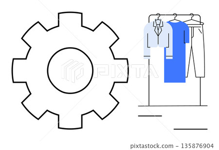 Fashion technology, automation, clothing customization, wardrobe management, design processes, digital creativity. Gear symbol next to hanging clothes. Fashion technology and automation concept 135876904