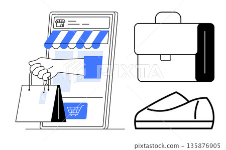 E-commerce, retail, digital marketing, consumer behavior, logistics, product sales. Smartphone screen with hand holding shopping bags, briefcase and shoes. E-commerce and retail in focus 135876905