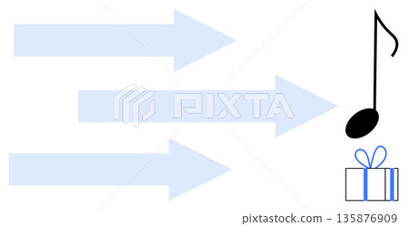 Music sharing, creativity flow, communication, gift exchange, symbolic icons, simplicity. Three arrows converge toward a musical note and gift box. Music sharing and creativity flow concept 135876909