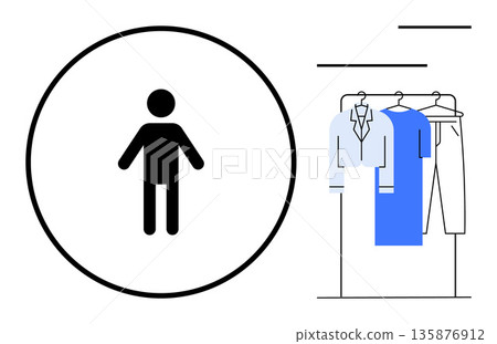 Fashion, clothing organization, minimalist design, wardrobe management, personal style, identity . A stick figure next to a clothes rack with shirts and pants. Fashion and clothing organization 135876912