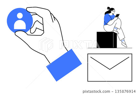 Digital networking, messaging, online identity, user profiles, communication, connection. A hand holding a profile icon, a person with a device an envelope. Digital networking and messaging Digital networking, messaging, online identity, user profiles, communication, connection. A hand holding a profile icon, a person with a device an envelope. Digital networking and messaging 135876914