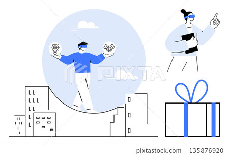 Innovation, teamwork, problem-solving, creative thinking, business strategy, productivity. Person balancing light bulb and handshake surrounded by urban elements. Innovation and teamwork concept Innovation, teamwork, problem-solving, creative thinking, business strategy, productivity. Person balancing light bulb and handshake surrounded by urban elements. Innovation and teamwork concept 135876920