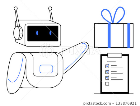 Automation, task management, productivity tools, reward programs, robotics, digital systems. A robot gestures toward a checklist and a gift box. Automation and task management concept 135876921