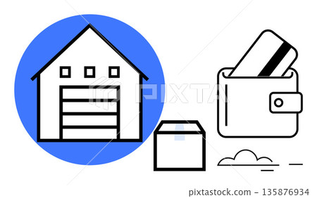 E-commerce, logistics, payment, shipping, warehousing, online shopping. Warehouse, box and wallet with credit card on white background. E-commerce and logistics concept 135876934