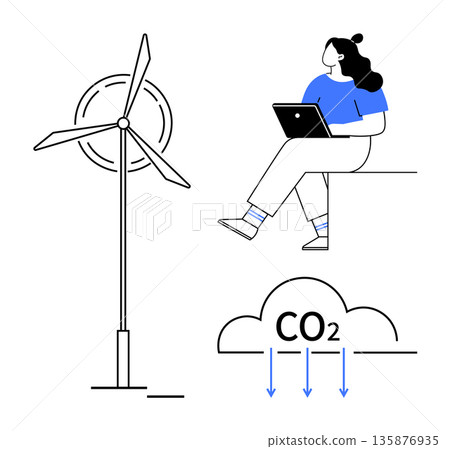 Sustainability, renewable energy, carbon emissions, eco-friendly solutions, clean technology, environmental awareness. Wind turbine, CO2 cloud person using laptop. Renewable energy and carbon Sustainability, renewable energy, carbon emissions, eco-friendly solutions, clean technology, environmental awareness. Wind turbine, CO2 cloud person using laptop. Renewable energy and carbon 135876935