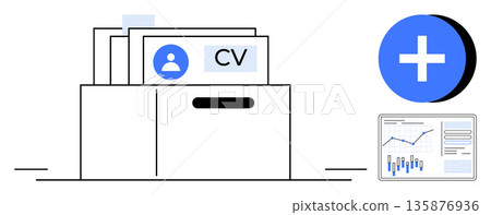 Recruitment, HR processes, career management, employee selection, data analysis, hiring trends. A folder with CVs, analytics charts and a blue plus icon. Recruitment and HR processes illustration Recruitment, HR processes, career management, employee selection, data analysis, hiring trends. A folder with CVs, analytics charts and a blue plus icon. Recruitment and HR processes illustration 135876936