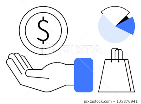 Business, retail, e-commerce, budgeting, financial transactions, data analysis. A hand holding a dollar coin, a pie chart and a shopping bag. E-commerce and budgeting are highlighted Business, retail, e-commerce, budgeting, financial transactions, data analysis. A hand holding a dollar coin, a pie chart and a shopping bag. E-commerce and budgeting are highlighted 135876941