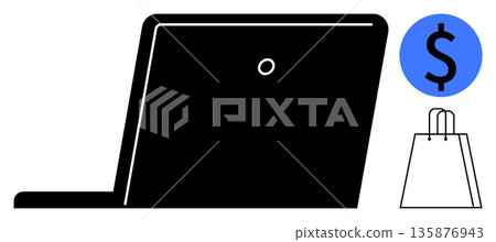 E-commerce, online payment, digital transactions, internet shopping, retail business, fiscal planning. Laptop silhouette with a dollar sign and shopping bag. E-commerce and online payment concept 135876943