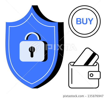 Online payment, financial security, e-commerce, digital transactions, identity protection, secure purchases. A shield with a lock, wallet containing a card and buy button. Online payment 135876947