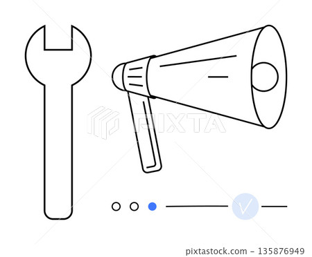 Problem-solving, communication, collaboration, tools, repair, design concepts. Minimalist ion of a wrench and a megaphone. Problem-solving and communication concept 135876949
