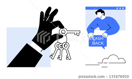 Real estate, financial rewards, personal investment, homeownership, cashback offers, business transactions. Hand holding keys and a figure showing a cashback sign. Real estate and financial rewards Real estate, financial rewards, personal investment, homeownership, cashback offers, business transactions. Hand holding keys and a figure showing a cashback sign. Real estate and financial rewards 135876950